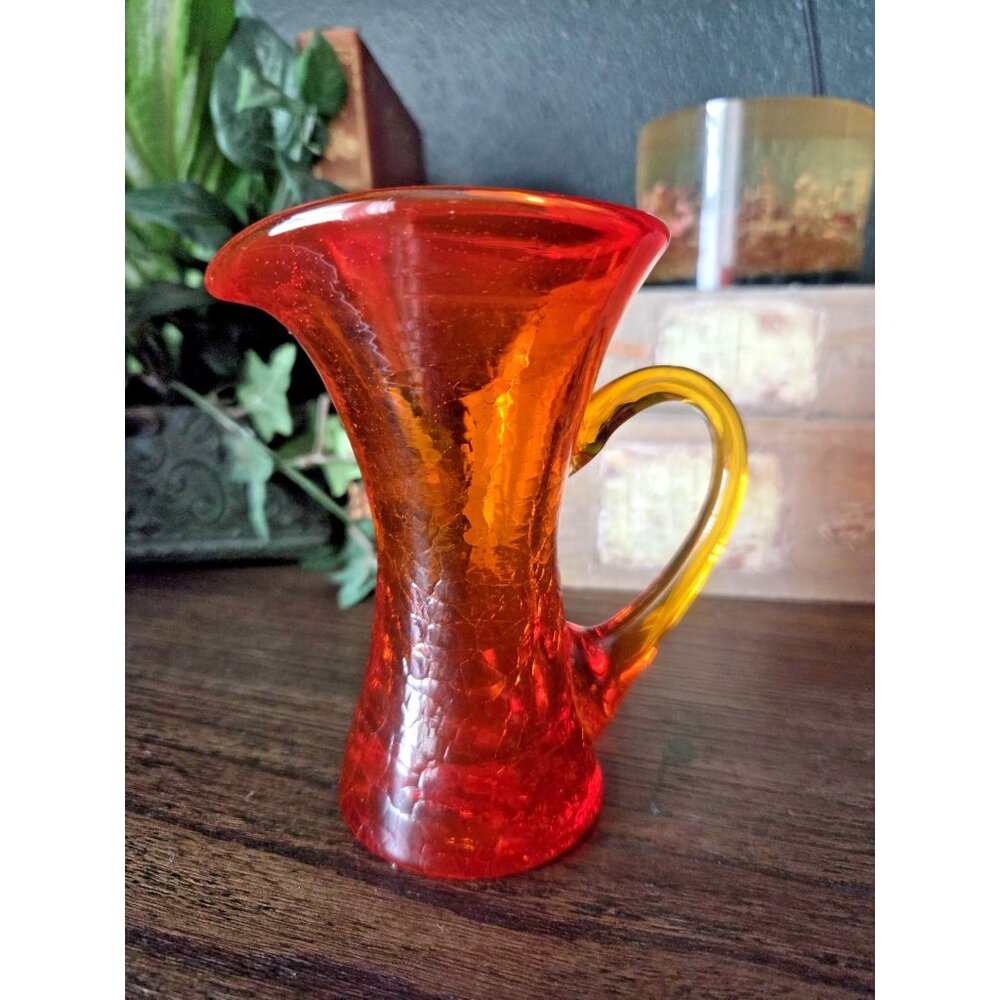 Vintage Rainbow Glass Amberina Pitcher w/ Handle – 4.75" Crackle Hand Blown
